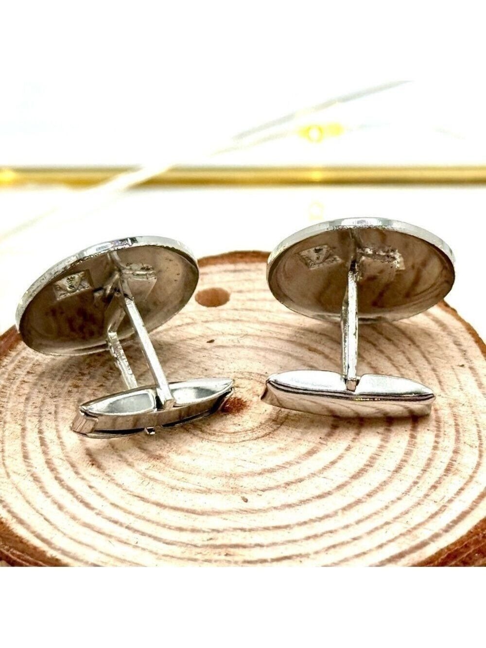 Vintage Cufflinks – Silver Tone Radiating Pattern with Blue Rhinestone - Picture 3 of 3